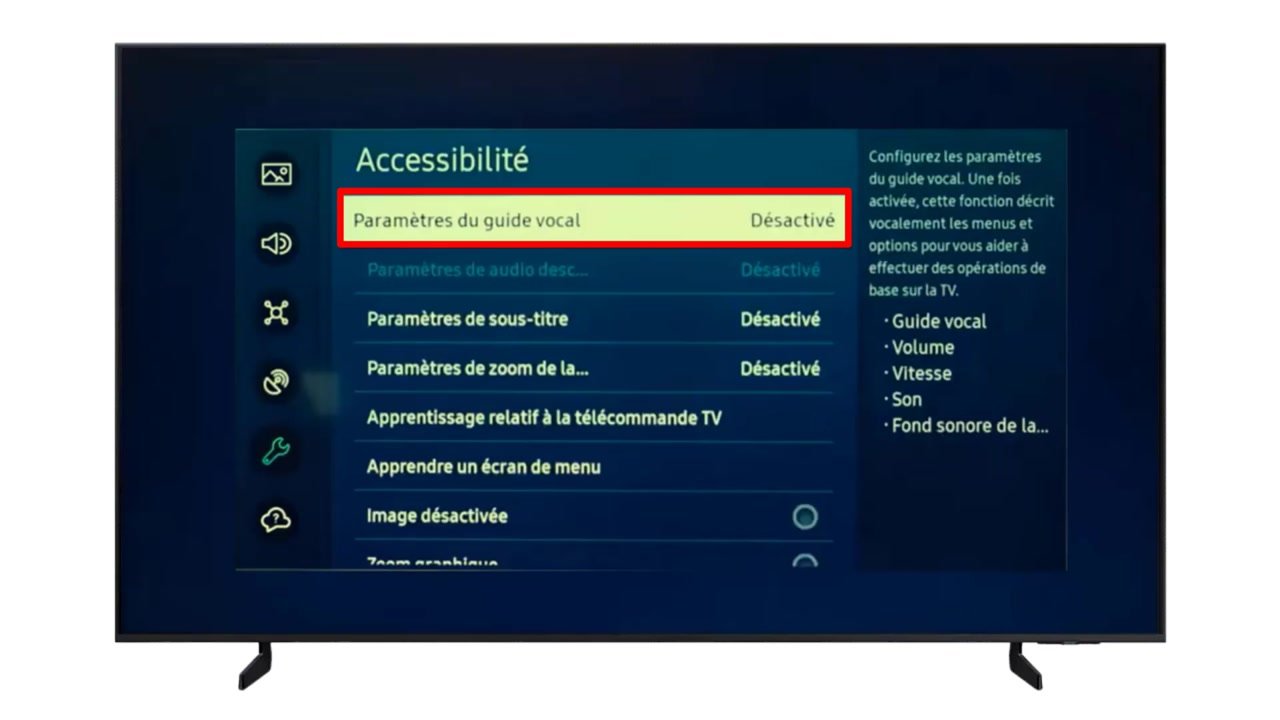 Paramètres du guide vocal désactivés dans la page Accessibilité d’une TV Samsung