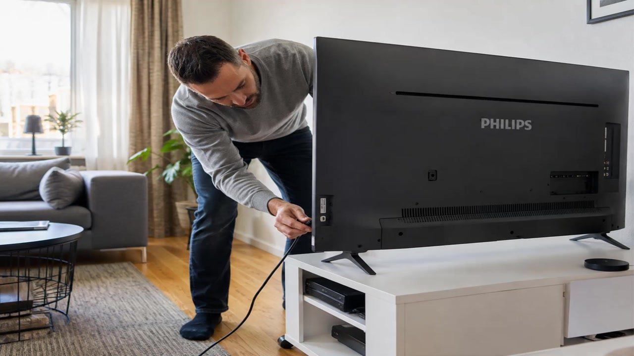 Câble HDMI rebranché à l’arrière d’un téléviseur posé sur un meuble
