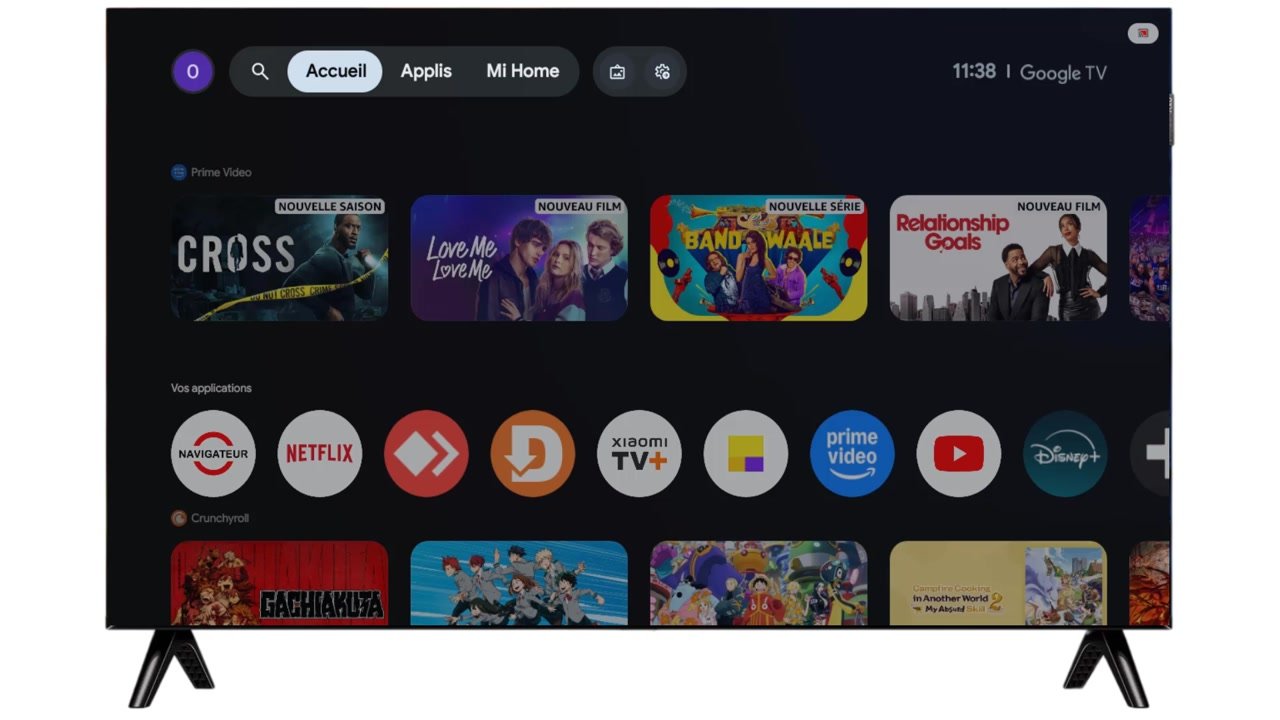 Téléviseur Google TV allumé affichant son écran d’accueil après la remise en route