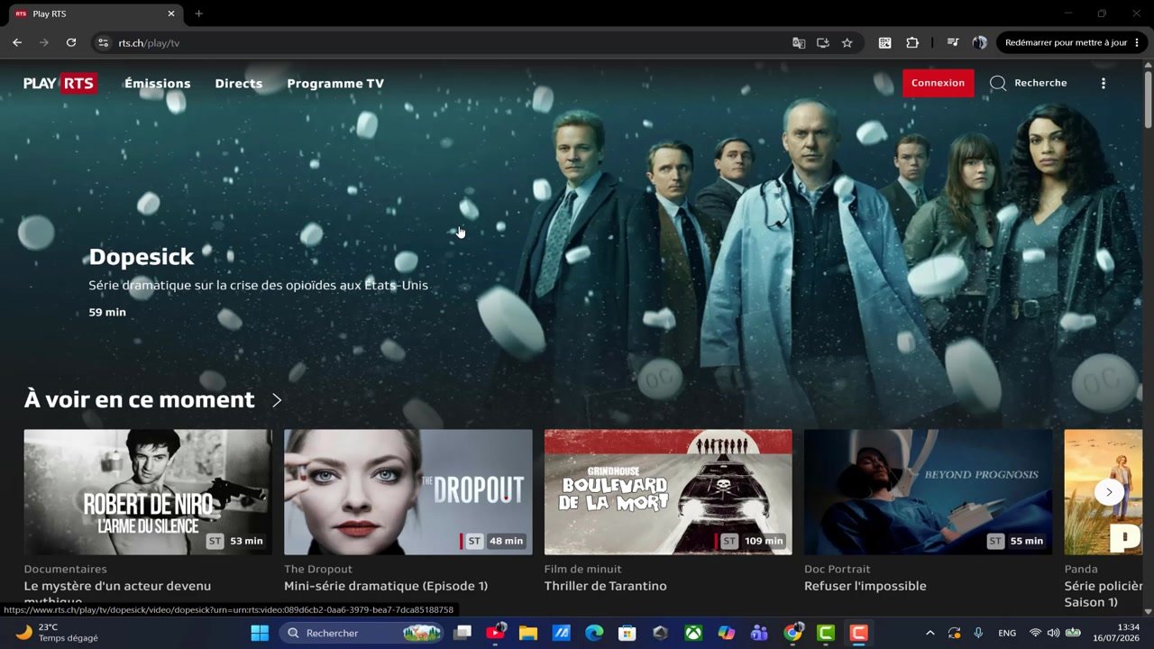 Page d’accueil de Play RTS dans un navigateur, avec les émissions à voir en ce moment
