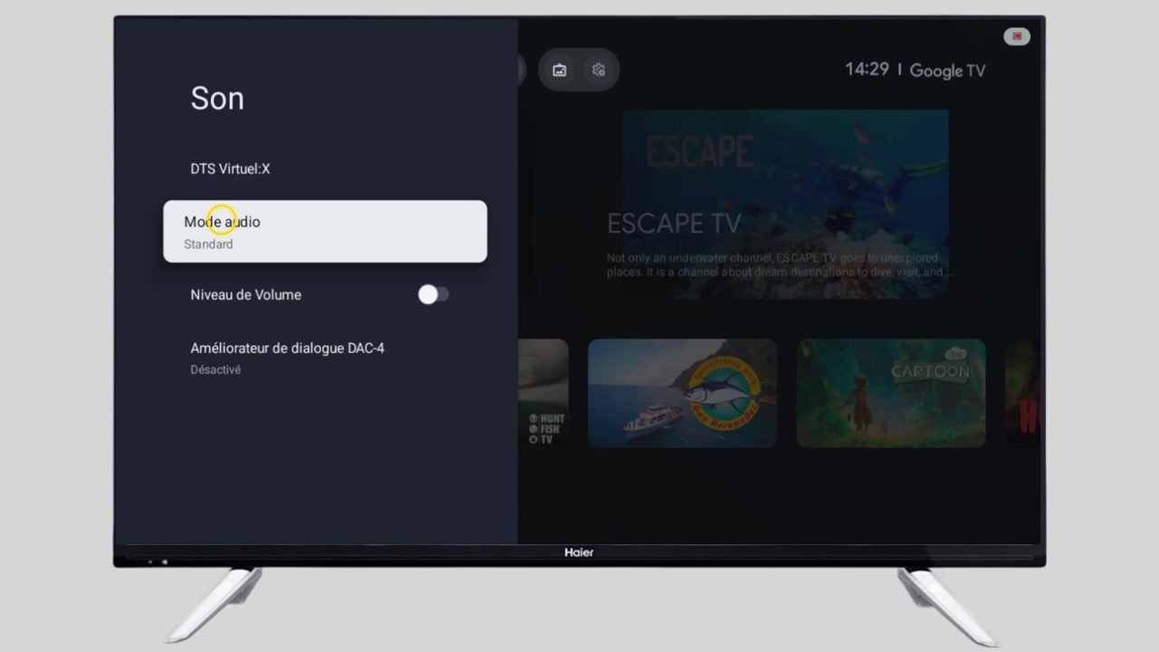 Dans ce menu, ouvrez les paramètres audio ou le mode audio.