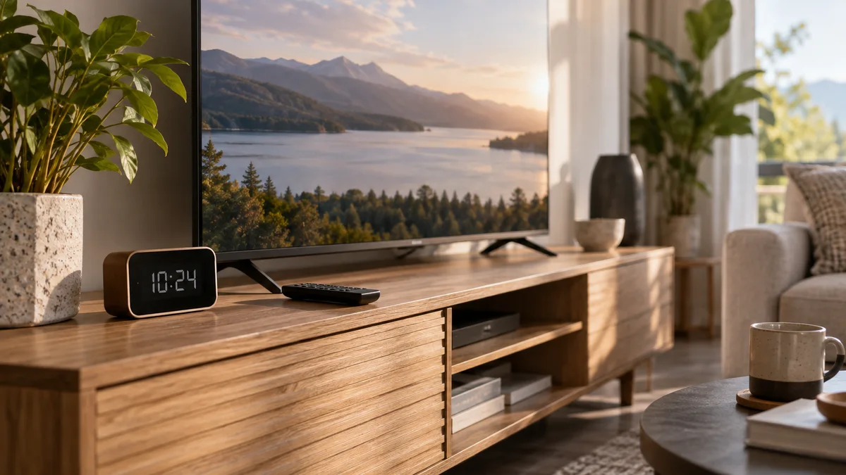 Une horloge de bureau placée devant un téléviseur.