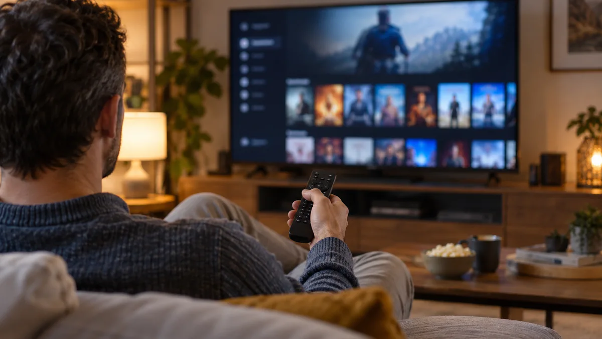 Une personne choisit un programme avec sa télécommande.