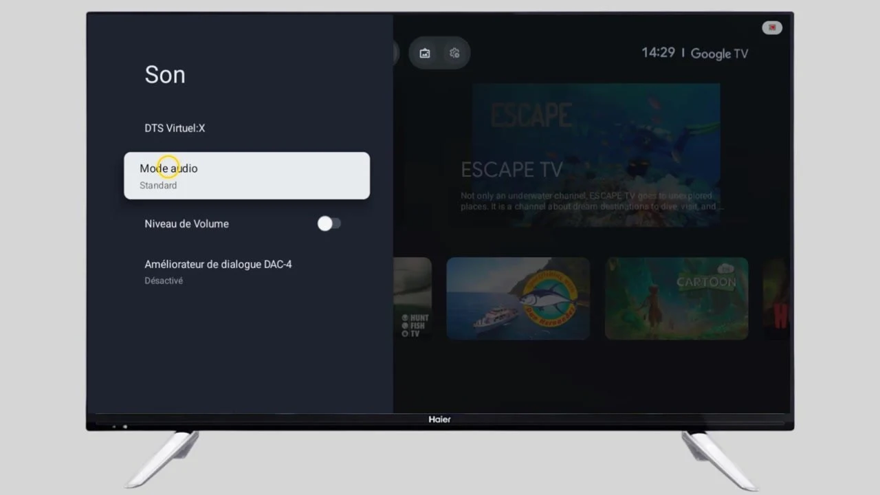 Dans ce menu, ouvrez les paramètres audio ou le mode audio.