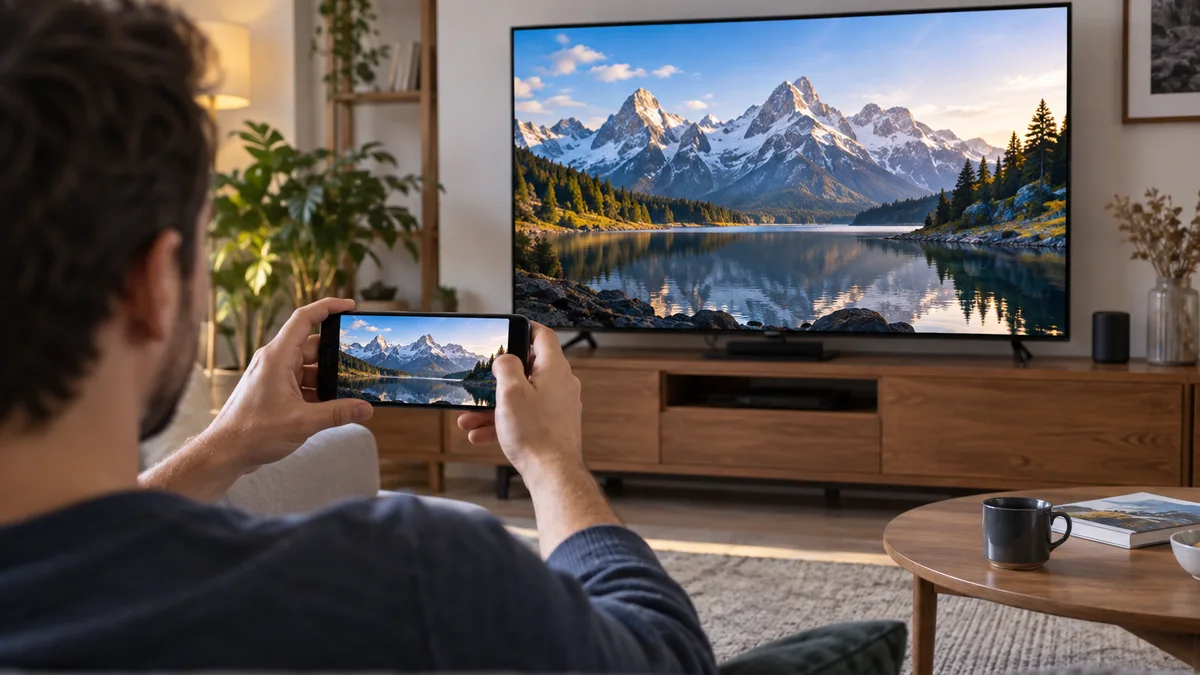 Un téléphone et un téléviseur affichent le même paysage.