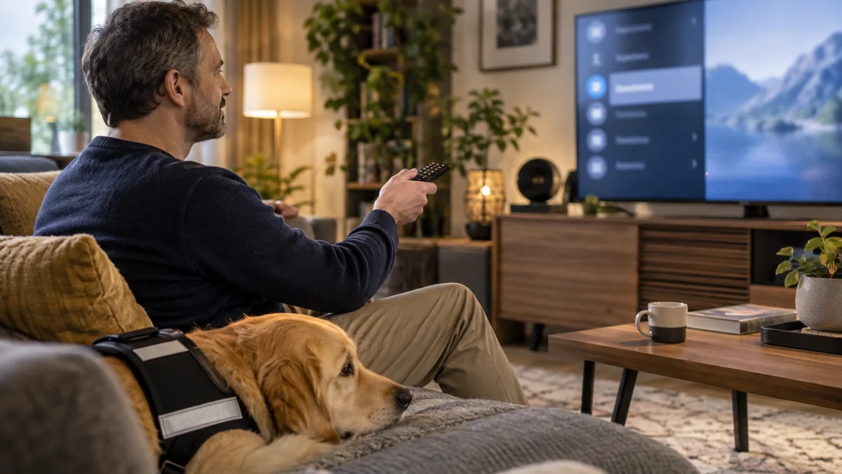 Une personne consulte les réglages du téléviseur avec sa télécommande.