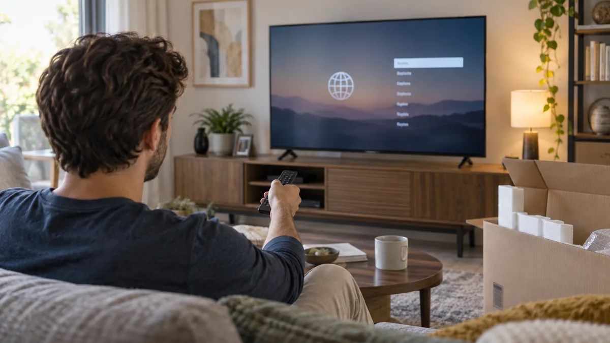 Une personne règle un téléviseur récemment installé chez elle.