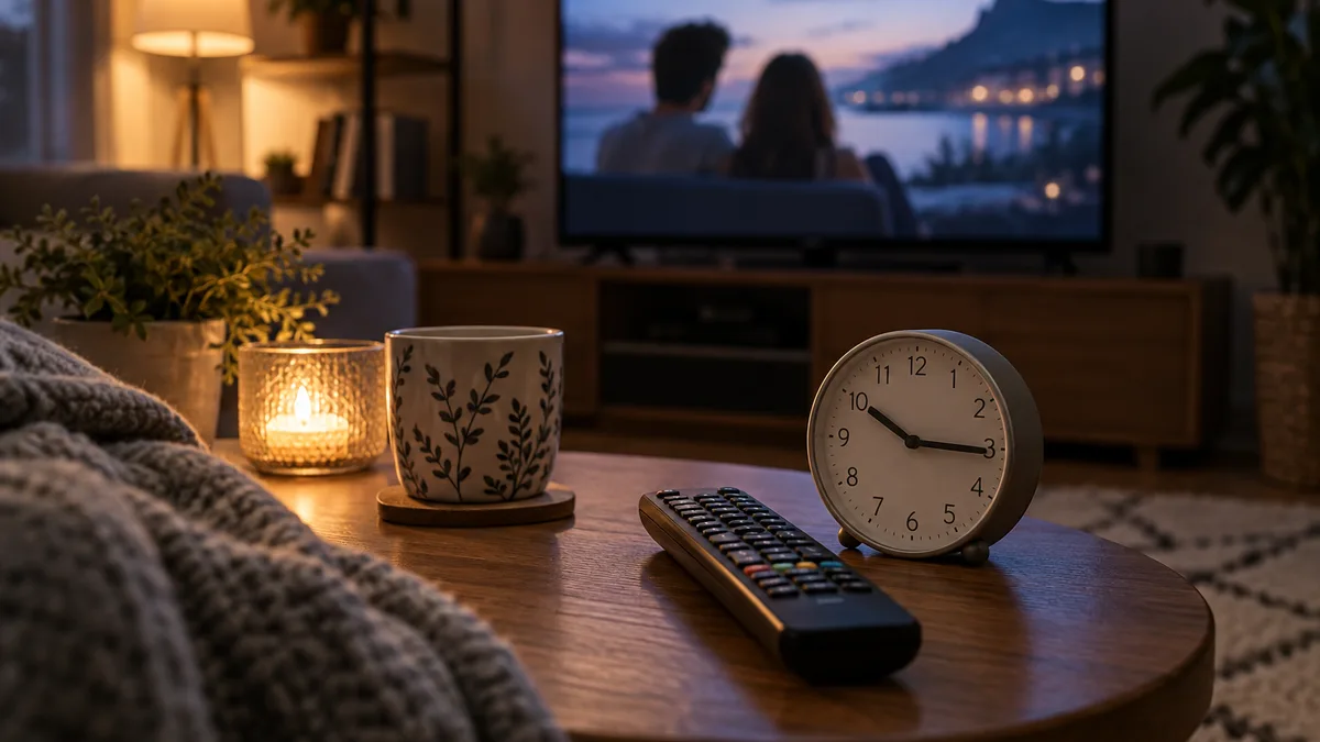 Télécommande et horloge près d’un téléviseur dans un salon.
