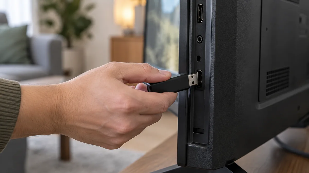 Une main approche une clé USB du port d’un téléviseur.